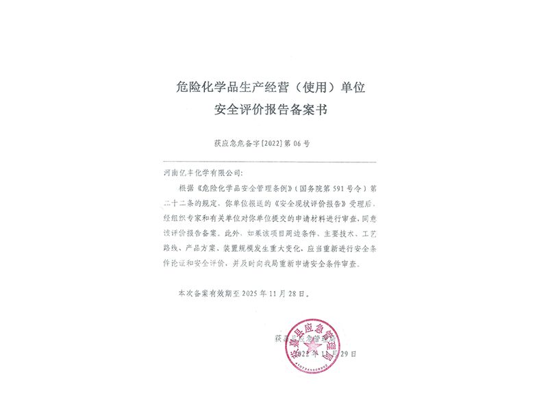 危险化学品生产经营(使用)单位安全评价报告备案书